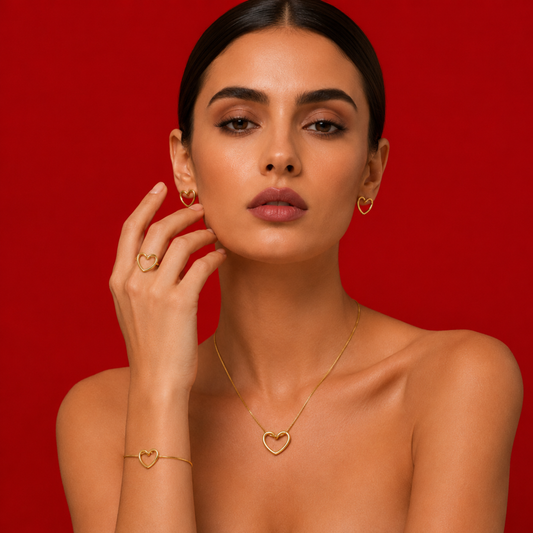 Minimalist Open Heart 3-Piece Jewelry Set – Gold-Plated Necklace, Bracelet & Stud Earrings
