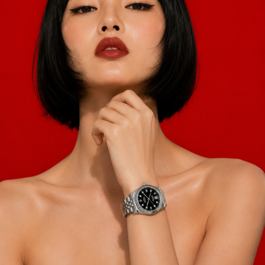 Luxury Silver Date Display Rolex Watch – Black Diamond Dial Stainless Steel Women's Watch
