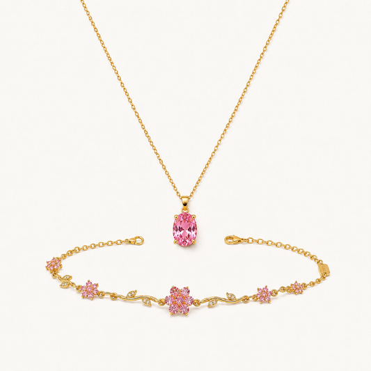 Blush Bloom Pink Crystal Necklace & Floral Bracelet Set – Gold Plated 2-Piece Jewelry Set