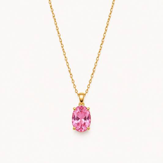 Elegant Pink Oval Crystal Pendant Necklace – Gold-Plated Minimalist Necklace for Women