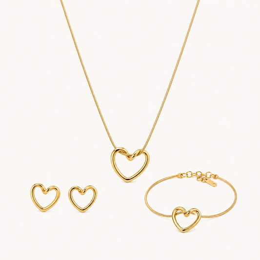 Minimalist Open Heart 3-Piece Jewelry Set – Gold-Plated Necklace, Bracelet & Stud Earrings