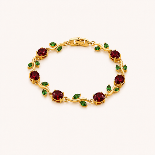 Cherry Blossom Crystal Bracelet – Gold-Plated Red & Green Gemstone Bracelet for Women