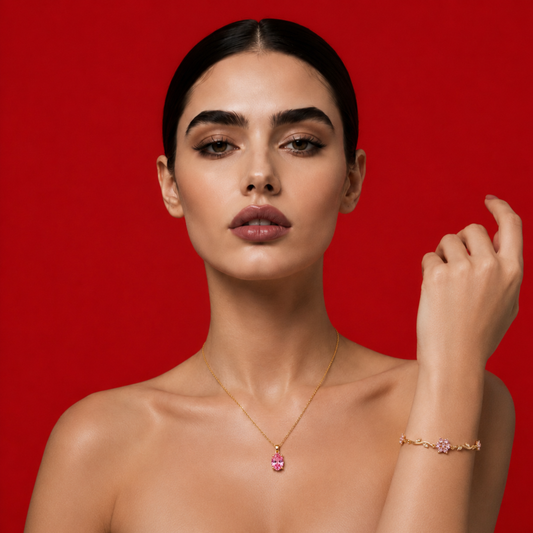 Blush Bloom Pink Crystal Necklace & Floral Bracelet Set – Gold Plated 2-Piece Jewelry Set