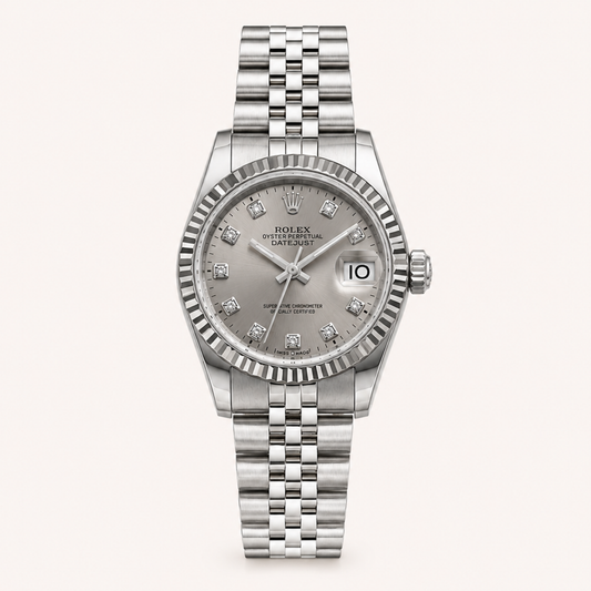 Luxury Silver Diamond Dial Women's Rolex Watch – Stainless Steel Date Display Wristwatch