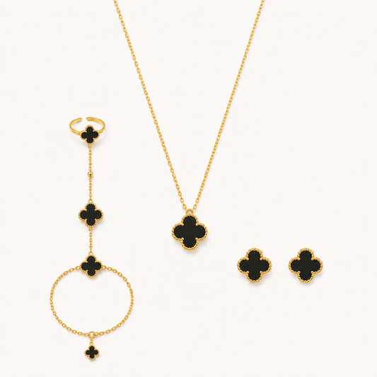 Luxury Black Clover 3-Piece Jewelry Set – Gold Plated Necklace, Clover Earrings & Hand Chain Ring Bracelet