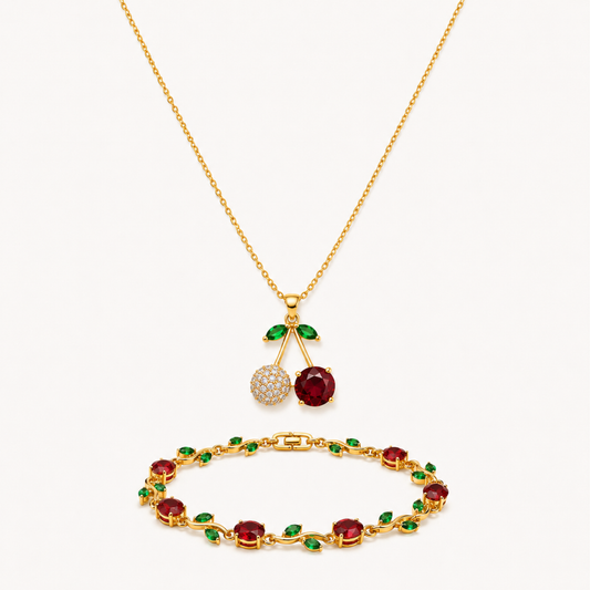 Cherry Blossom Gold-Plated Necklace & Bracelet Set – Red & Green Crystal 2-Piece Jewelry Set