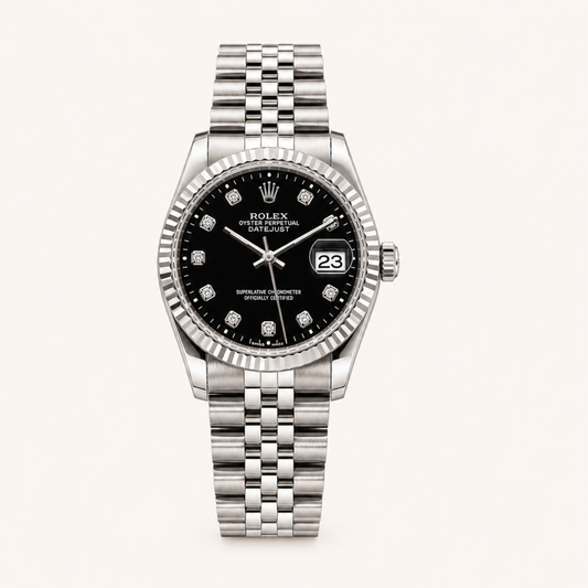 Luxury Silver Date Display Rolex Watch – Black Diamond Dial Stainless Steel Women's Watch