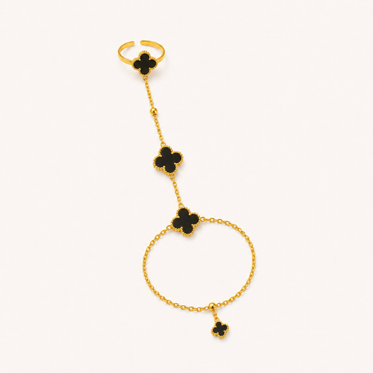 Luxury Black Clover Hand Chain Ring Bracelet – Gold-Plated Adjustable Hand Harness for Women
