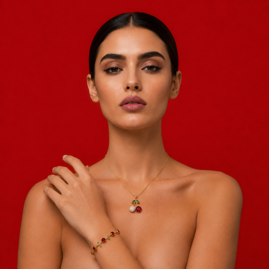 Cherry Blossom Gold-Plated Necklace & Bracelet Set – Red & Green Crystal 2-Piece Jewelry Set
