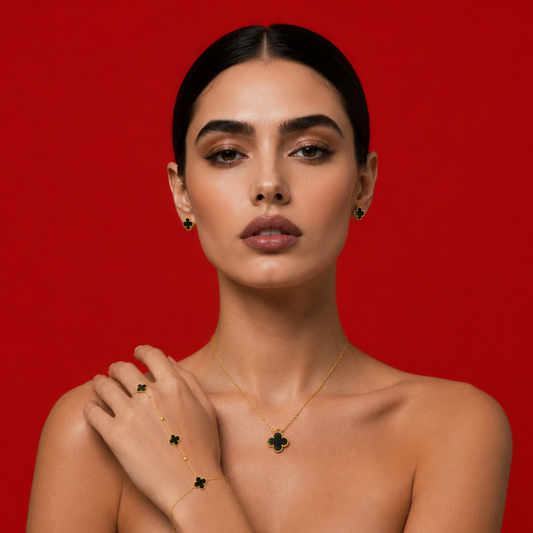Luxury Black Clover 3-Piece Jewelry Set – Gold Plated Necklace, Clover Earrings & Hand Chain Ring Bracelet