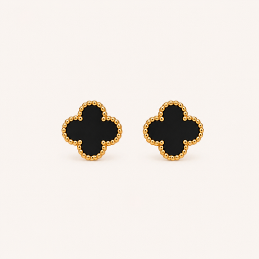 Luxury Black Clover Stud Earrings – Gold-Plated Four-Leaf Clover Earrings for Women