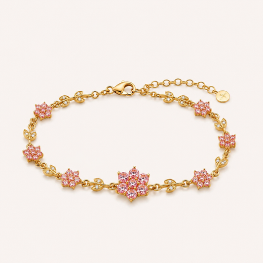 Blush Bloom Floral Crystal Bracelet – Gold-Plated Pink Flower Bracelet for Women